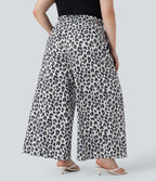 Plus Size High Waisted Drawstring Leopard Print Wide Leg Casual Trousers with Side Pockets — Silver Leopard Print — view 2