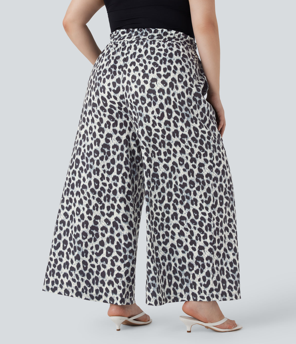 Plus Size High Waisted Drawstring Leopard Print Wide Leg Casual Trousers with Side Pockets — Silver Leopard Print — view 2