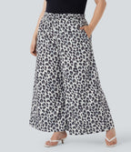 Plus Size High Waisted Drawstring Leopard Print Wide Leg Casual Trousers with Side Pockets — Silver Leopard Print — view 3