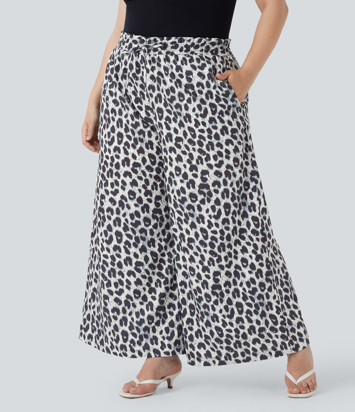 Plus Size High Waisted Drawstring Leopard Print Wide Leg Casual Trousers with Side Pockets — Silver Leopard Print — view 3
