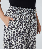 Plus Size High Waisted Drawstring Leopard Print Wide Leg Casual Trousers with Side Pockets — Silver Leopard Print — view 4