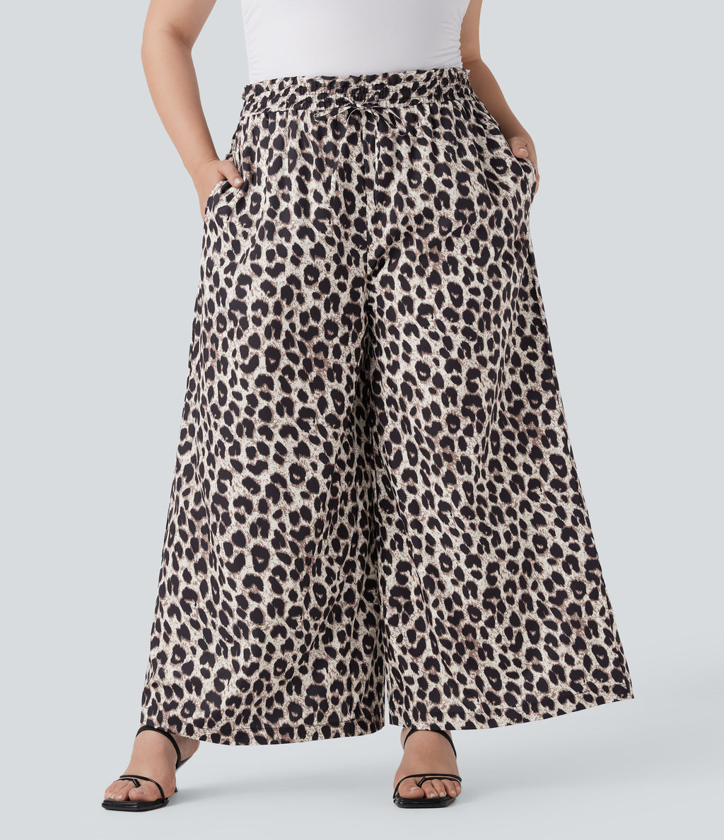 Plus Size High Waisted Drawstring Leopard Print Wide Leg Casual Trousers with Side Pockets — Gold Leopard Print — view 6