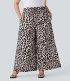 Plus Size High Waisted Drawstring Leopard Print Wide Leg Casual Trousers with Side Pockets — Gold Leopard Print — view 6