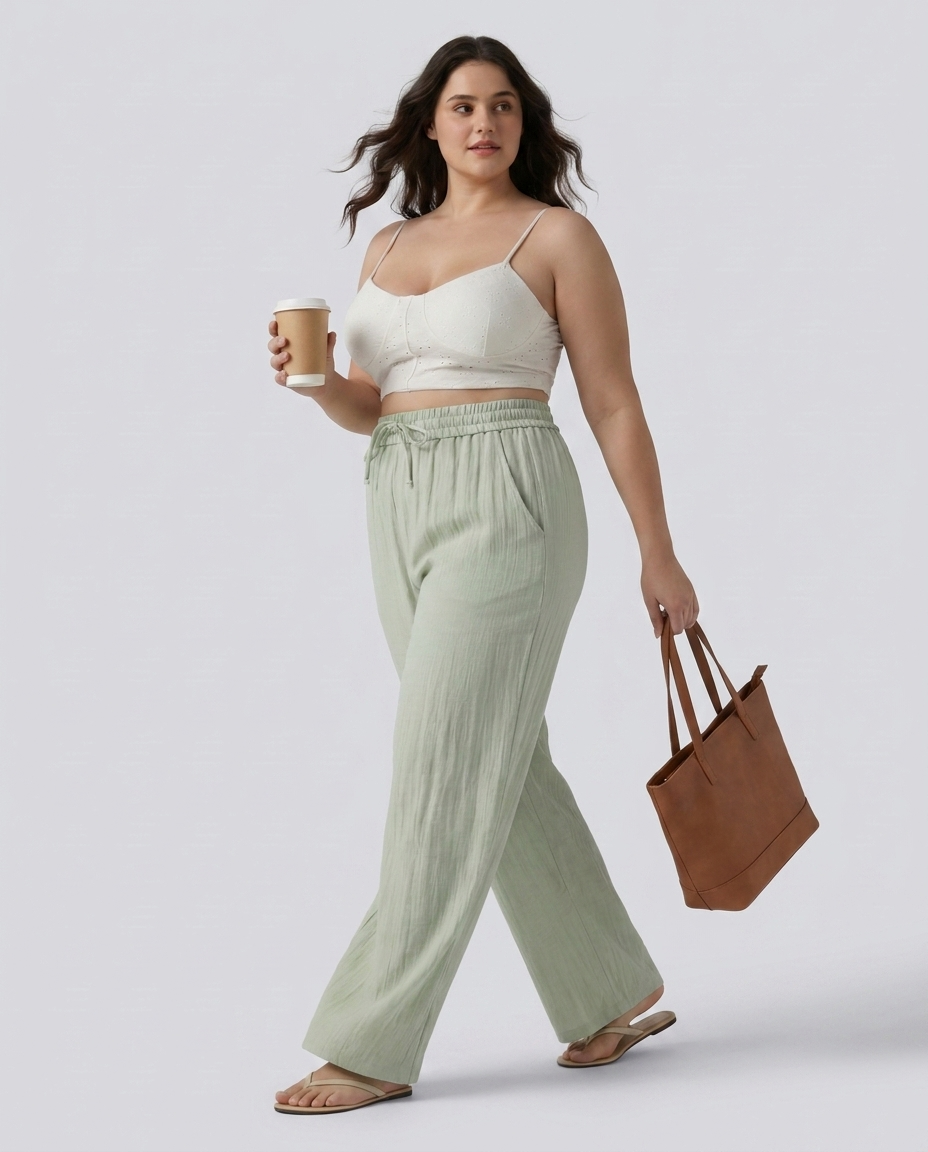 High Waisted Drawstring Linen-Feel Wide Leg Casual Plus Size Trousers with Pockets — Pale Aqua — view 2