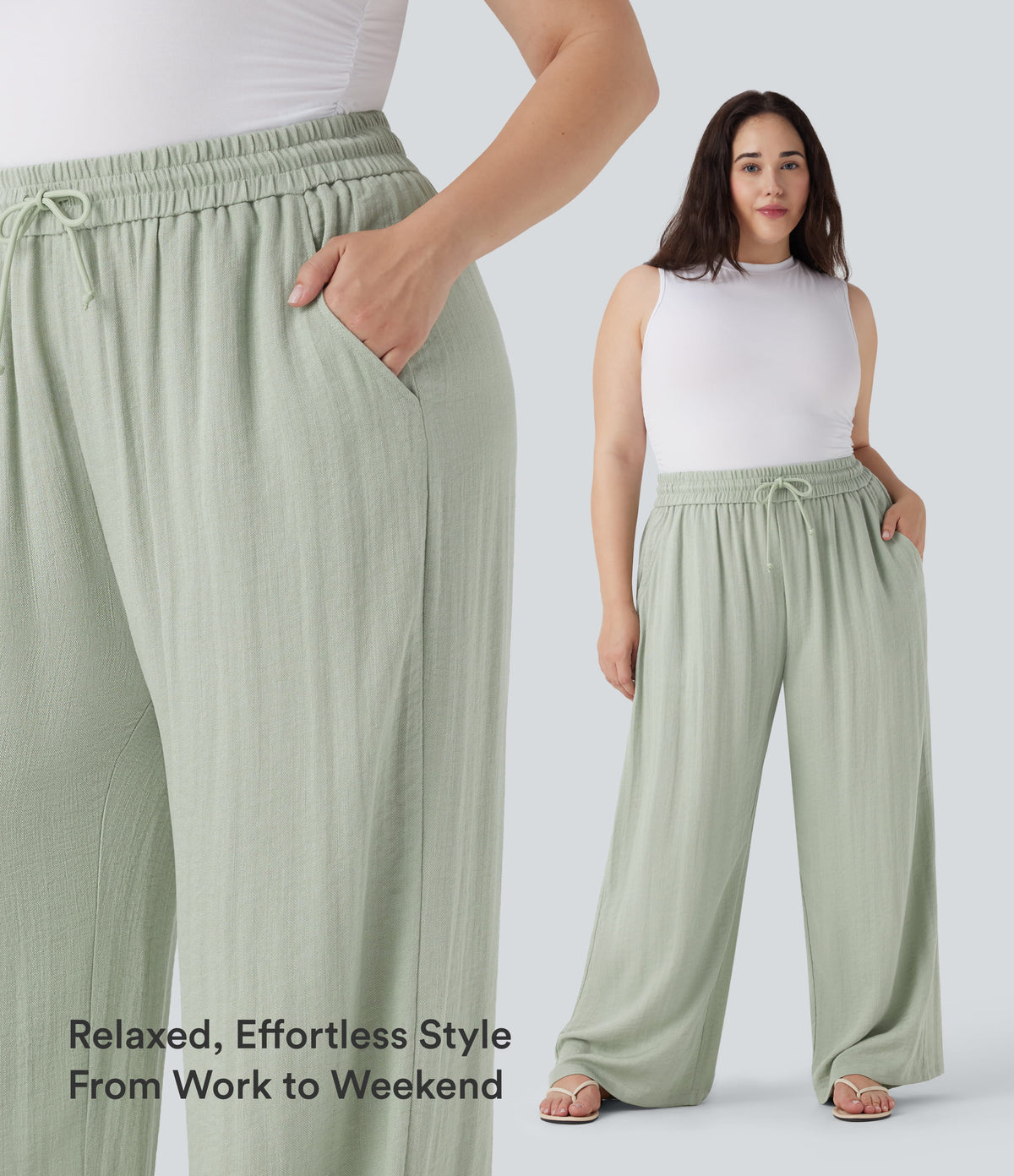 High Waisted Drawstring Linen-Feel Wide Leg Casual Plus Size Trousers with Pockets — Pale Aqua — view 4