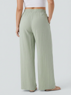 High Waisted Drawstring Linen-Feel Wide Leg Casual Plus Size Trousers with Pockets — Pale Aqua — view 6