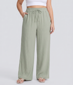 High Waisted Drawstring Linen-Feel Wide Leg Casual Plus Size Trousers with Pockets — Pale Aqua — view 1