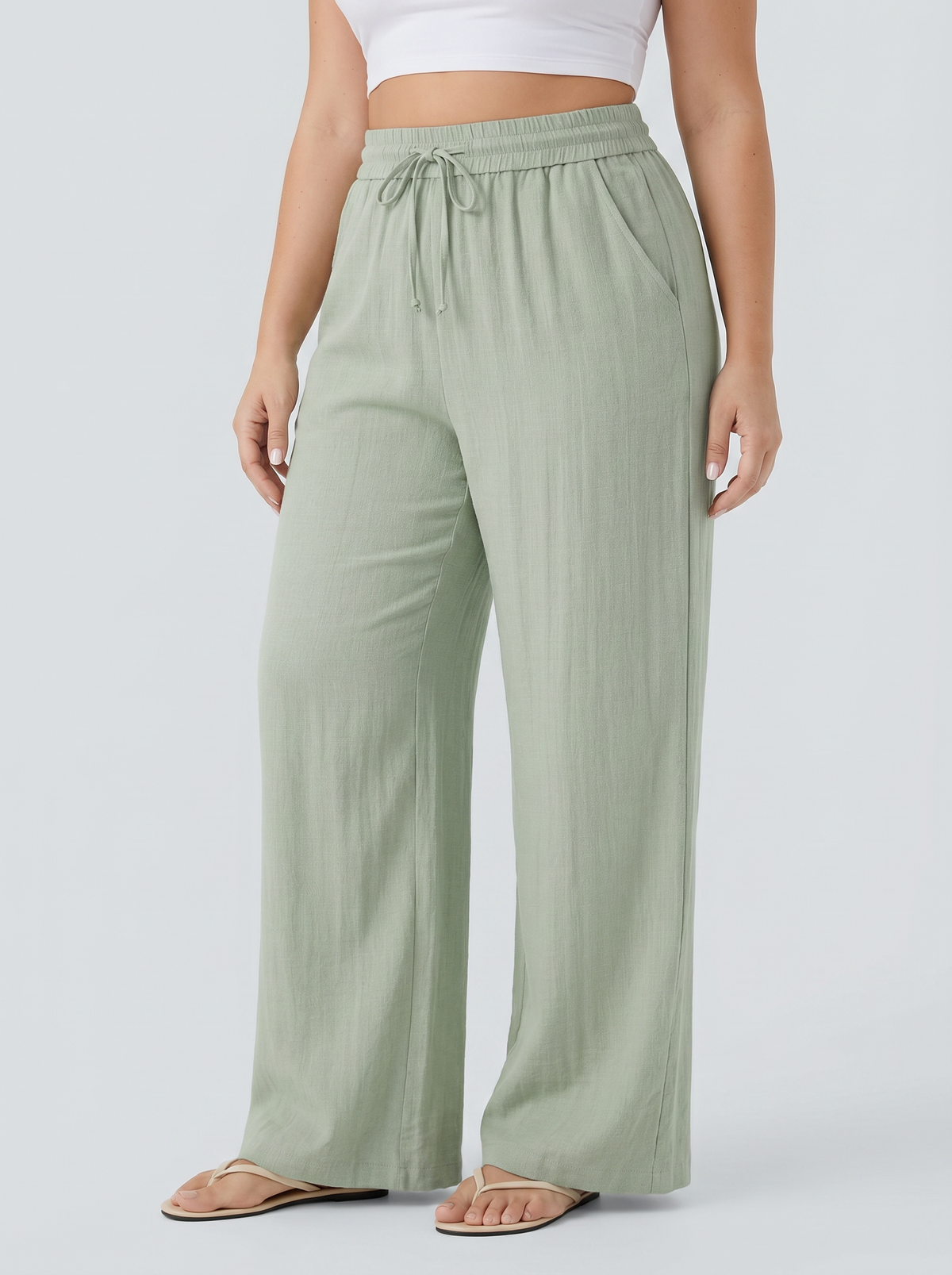 High Waisted Drawstring Linen-Feel Wide Leg Casual Plus Size Trousers with Pockets — Pale Aqua — view 5