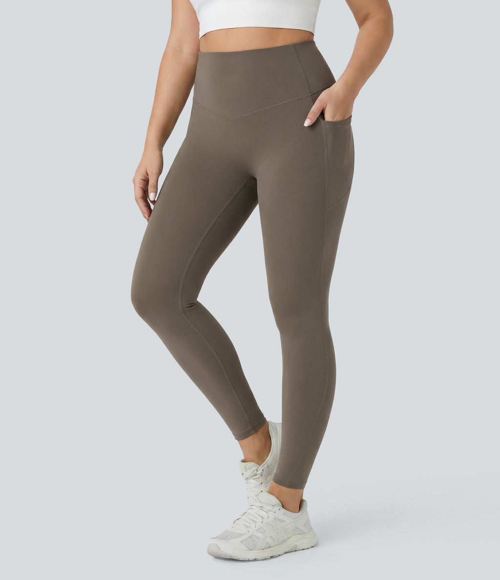 Plus Size High Waisted Butt Lifting Tummy Control Shaping Training Leggings with Pockets — Dawn Brown — view 3