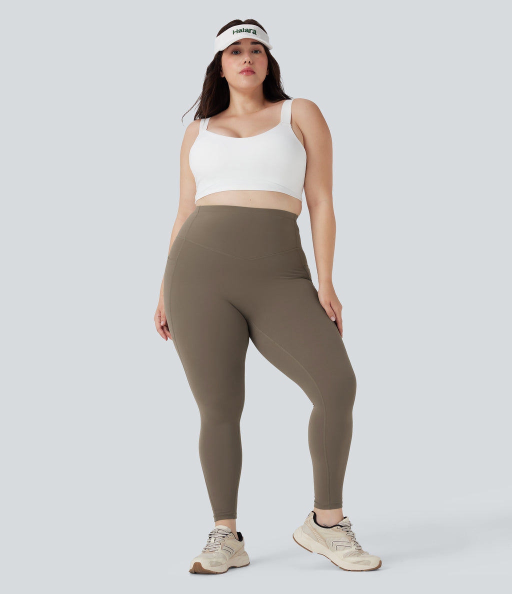 Plus Size High Waisted Butt Lifting Tummy Control Shaping Training Leggings with Pockets — Dawn Brown — view 6