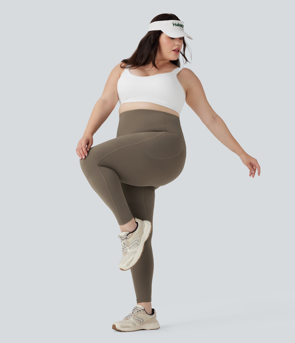 Plus Size High Waisted Butt Lifting Tummy Control Shaping Training Leggings with Pockets — Dawn Brown — view 7