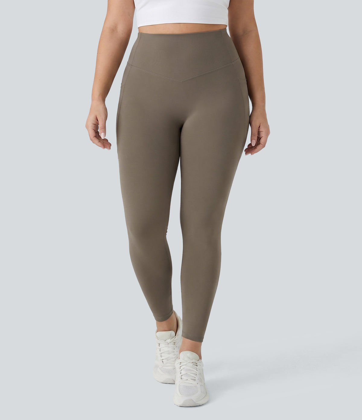 Plus Size High Waisted Butt Lifting Tummy Control Shaping Training Leggings with Pockets — Dawn Brown — view 2