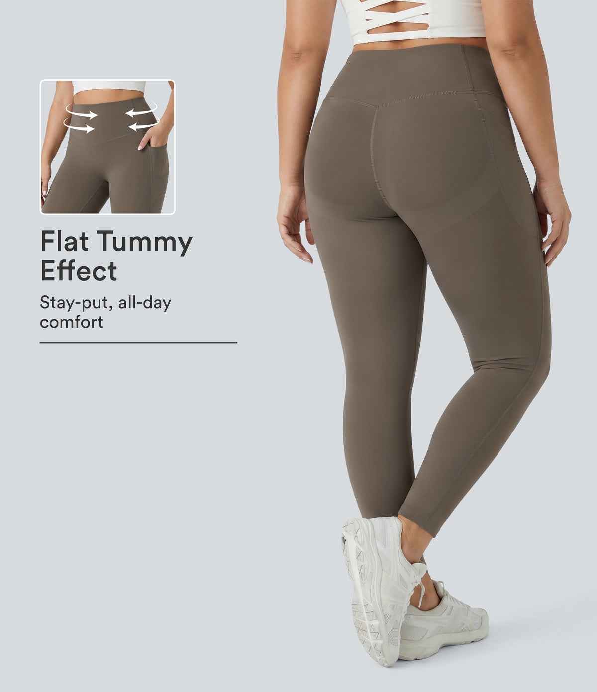 Plus Size High Waisted Butt Lifting Tummy Control Shaping Training Leggings with Pockets — Dawn Brown — view 1