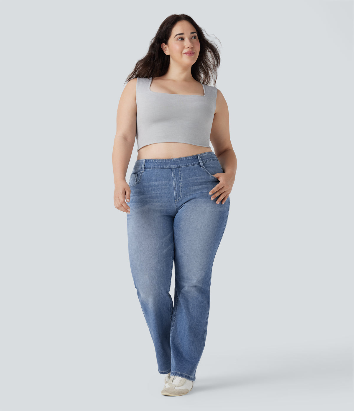 Plus Size High Waisted Washed Casual Bootcut Jeans with Pockets — Blue Spruce Denim — view 6