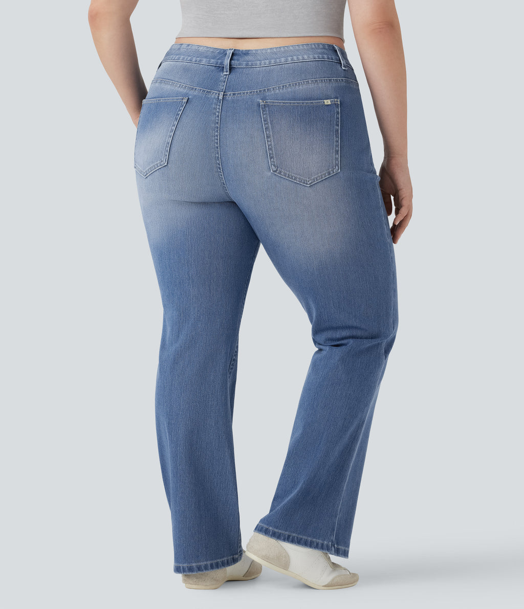 Plus Size High Waisted Washed Casual Bootcut Jeans with Pockets — Blue Spruce Denim — view 2