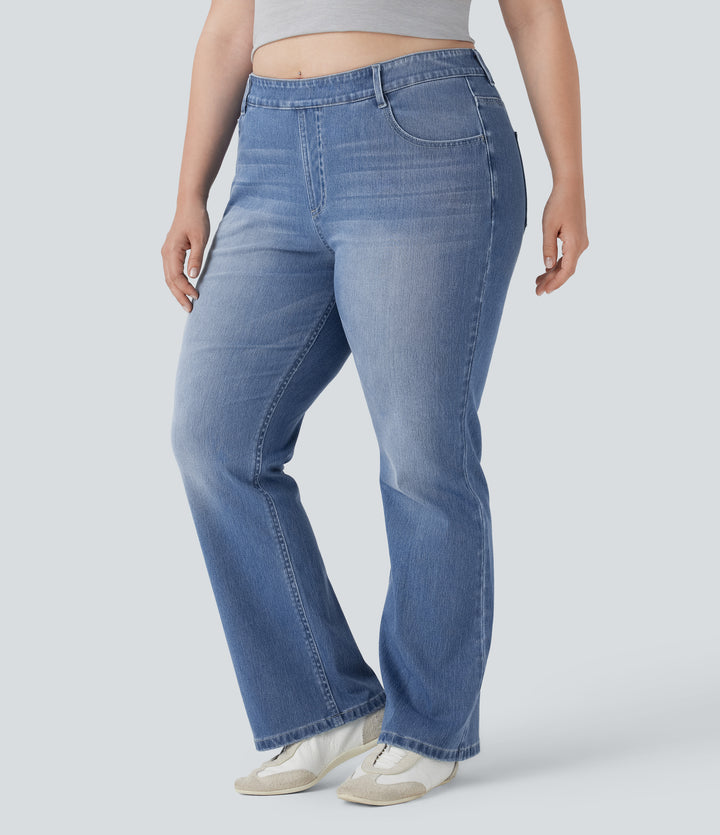 Plus Size High Waisted Washed Casual Bootcut Jeans with Pockets — Blue Spruce Denim — view 1