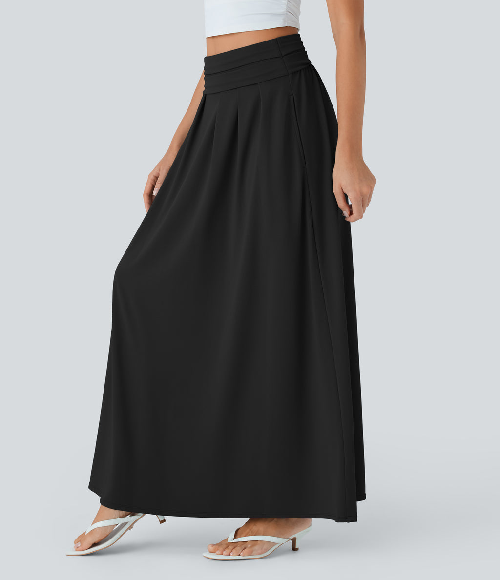 High Waisted Tummy Control Flare Maxi Casual Skirt with Pockets — Black — view 6