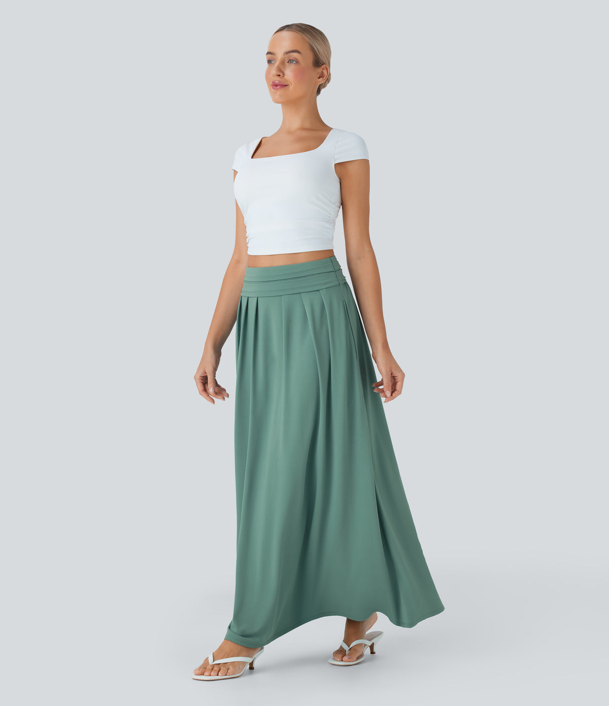 High Waisted Tummy Control Flare Maxi Casual Skirt with Pockets — Azure — view 5