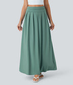 High Waisted Tummy Control Flare Maxi Casual Skirt with Pockets — Azure — view 3
