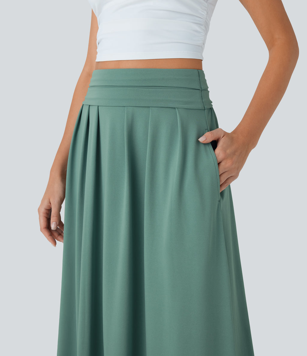 High Waisted Tummy Control Flare Maxi Casual Skirt with Pockets — Azure — view 4
