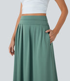 High Waisted Tummy Control Flare Maxi Casual Skirt with Pockets — Azure — view 4