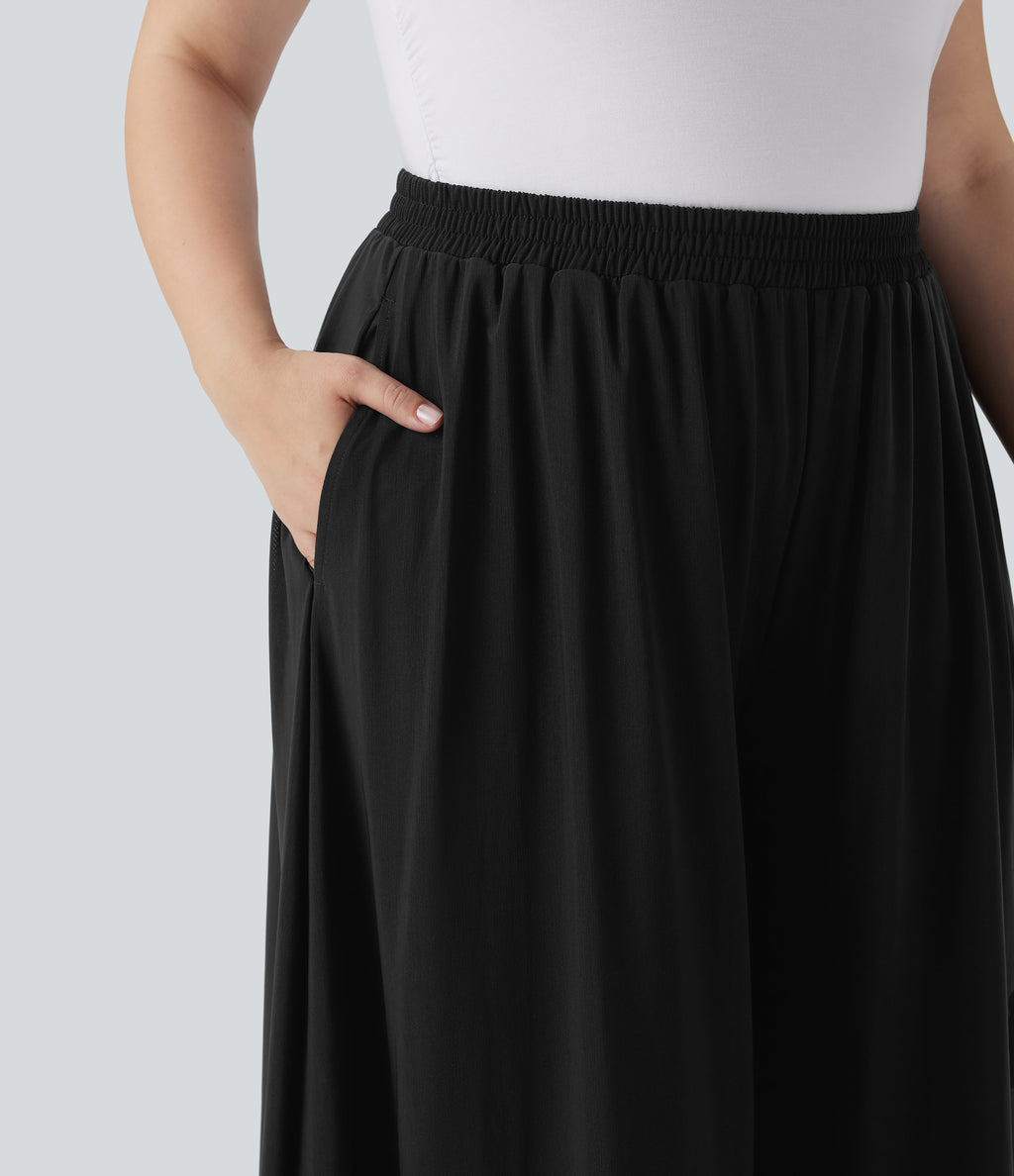 Plus Size High Waisted Mesh Overlay Wide Leg Casual Trousers with Side Pockets — Black — view 4