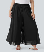 Plus Size High Waisted Mesh Overlay Wide Leg Casual Trousers with Side Pockets — Black — view 1