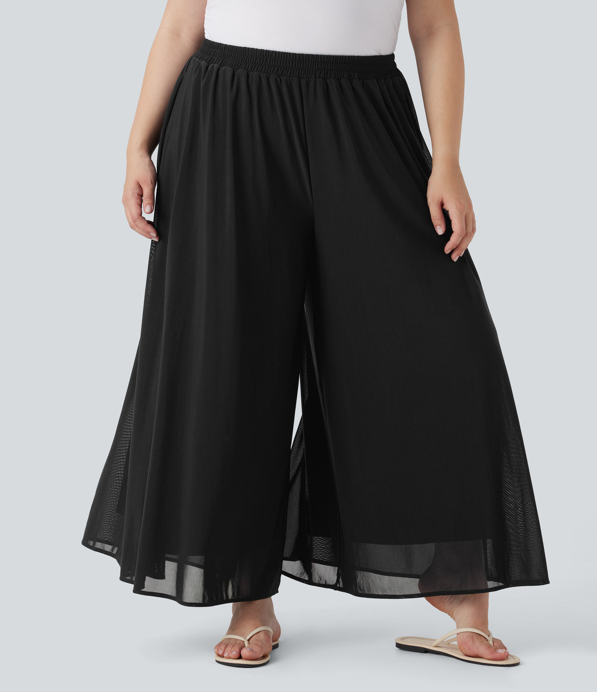 Plus Size High Waisted Mesh Overlay Wide Leg Casual Trousers with Side Pockets — Black — view 1
