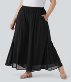 Plus Size High Waisted Mesh Overlay Wide Leg Casual Trousers with Side Pockets — Black — view 3