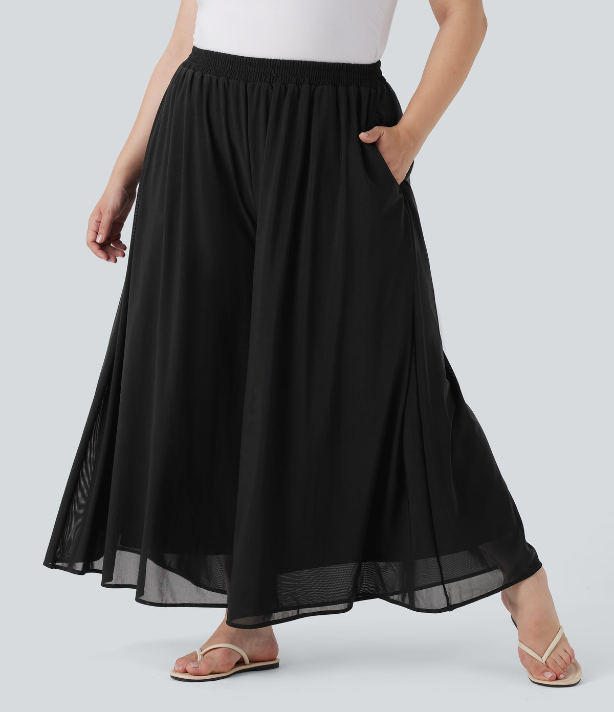 Plus Size High Waisted Mesh Overlay Wide Leg Casual Trousers with Side Pockets — Black — view 3