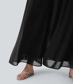 Plus Size High Waisted Mesh Overlay Wide Leg Casual Trousers with Side Pockets — Black — view 5