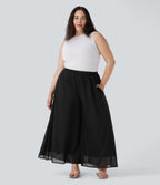 Plus Size High Waisted Mesh Overlay Wide Leg Casual Trousers with Side Pockets — Black — view 6