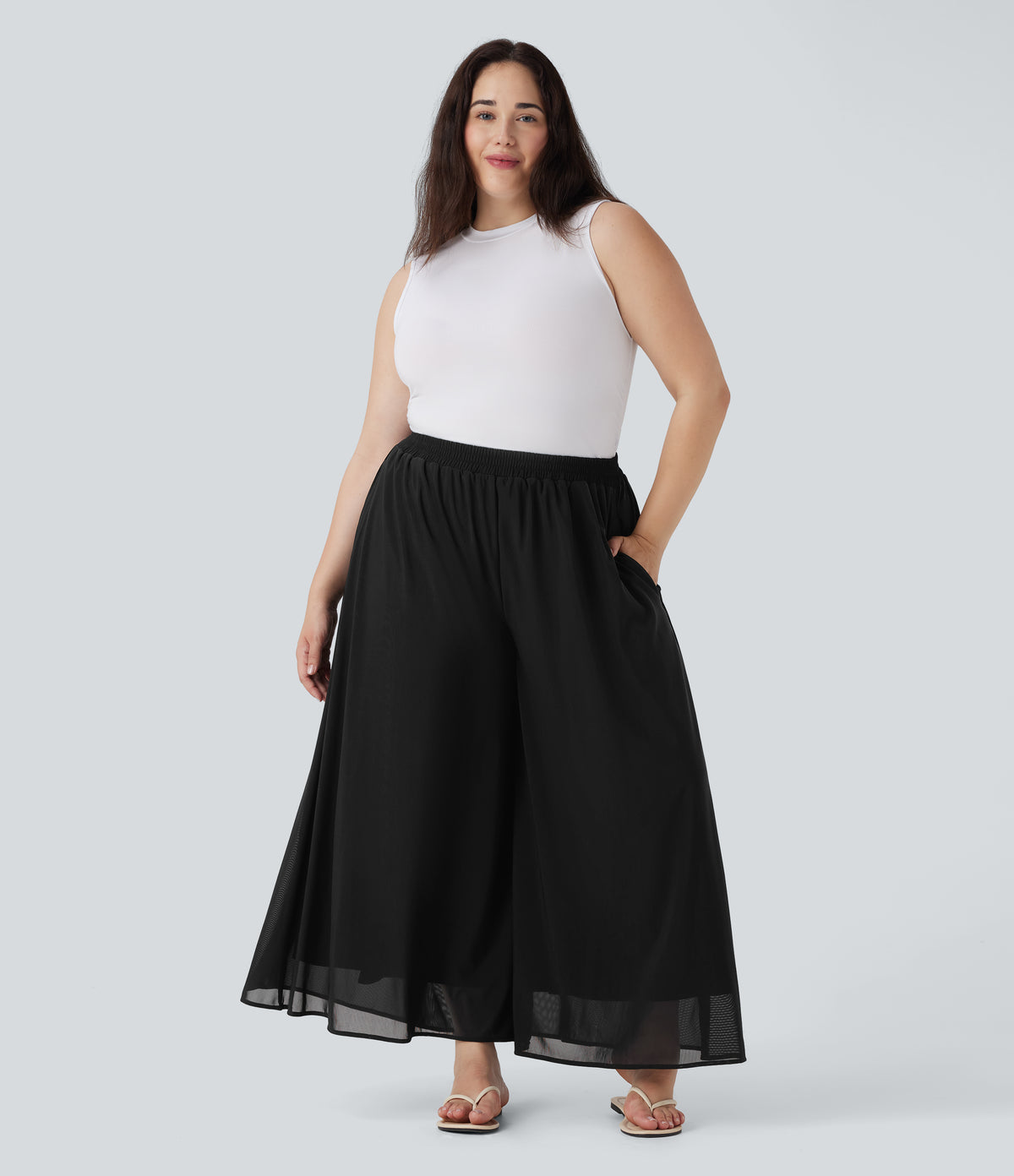 Plus Size High Waisted Mesh Overlay Wide Leg Casual Trousers with Side Pockets — Black — view 6