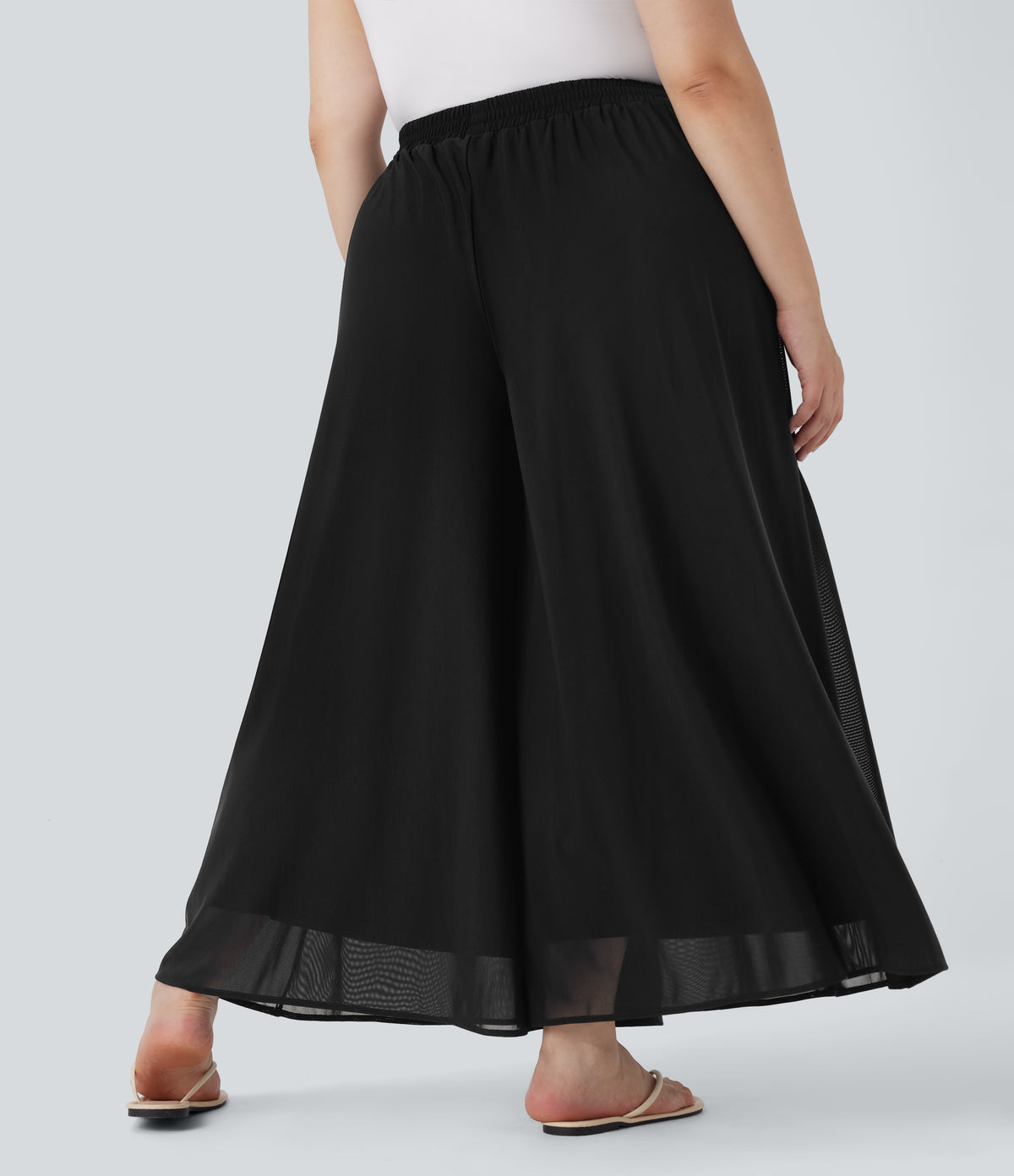 Plus Size High Waisted Mesh Overlay Wide Leg Casual Trousers with Side Pockets — Black — view 2