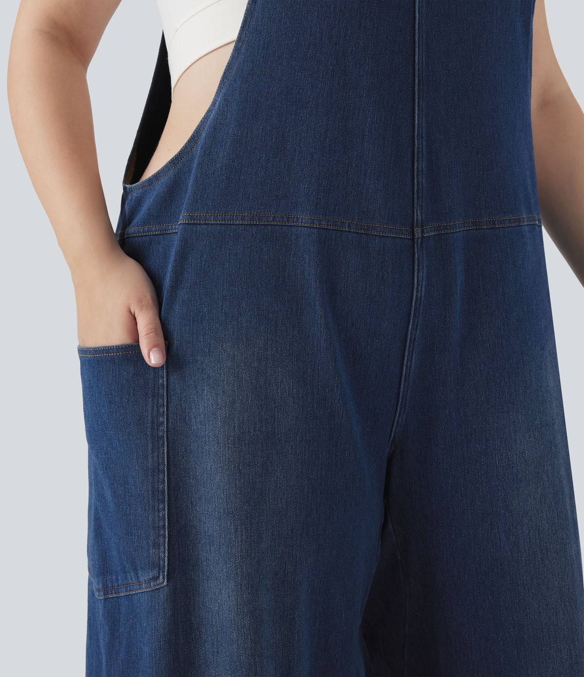 V Neck Washed Denim Casual Plus Size Dungarees with Pockets — Serene Blue Denim — view 4