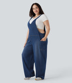 V Neck Washed Denim Casual Plus Size Dungarees with Pockets — Serene Blue Denim — view 3