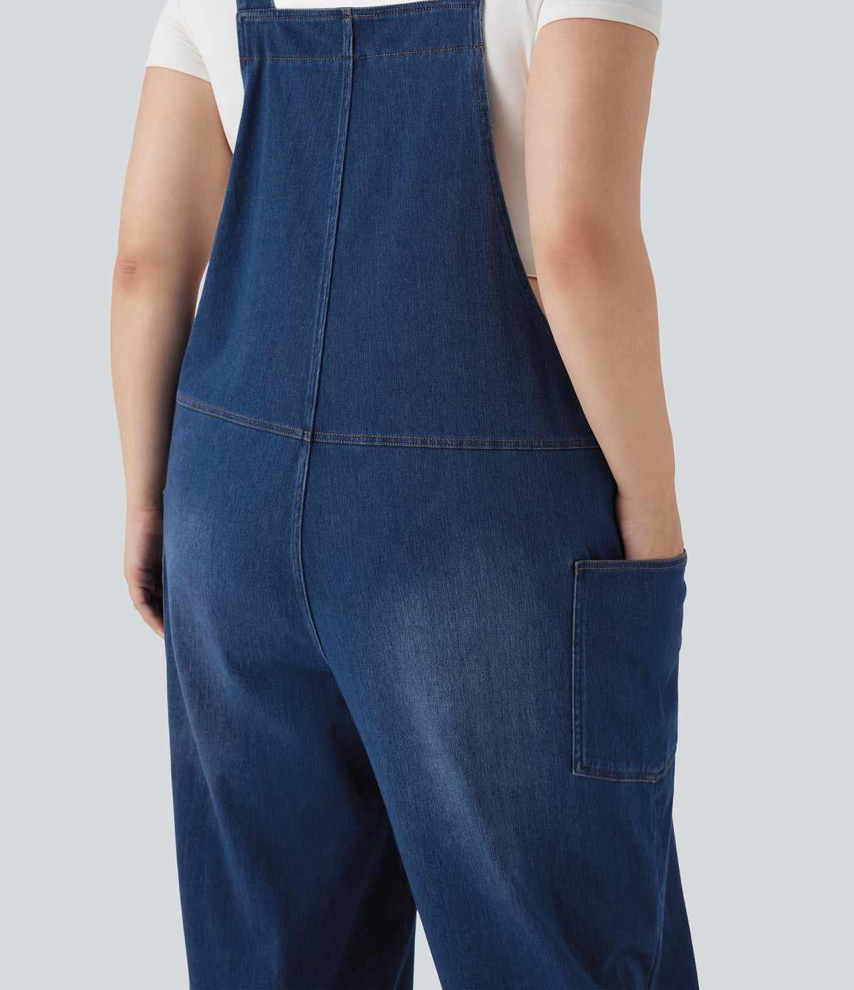 V Neck Washed Denim Casual Plus Size Dungarees with Pockets — Serene Blue Denim — view 5