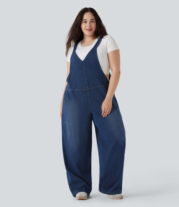V Neck Washed Denim Casual Plus Size Dungarees with Pockets — Serene Blue Denim — view 1