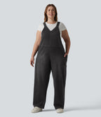 V Neck Washed Denim Casual Plus Size Dungarees with Pockets — Phantom Denim — view 6