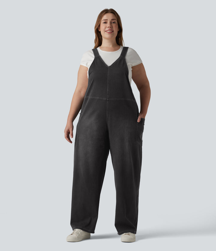 V Neck Washed Denim Casual Plus Size Dungarees with Pockets — Phantom Denim — view 6
