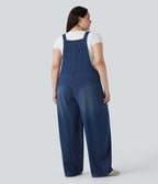 V Neck Washed Denim Casual Plus Size Dungarees with Pockets — Serene Blue Denim — view 2