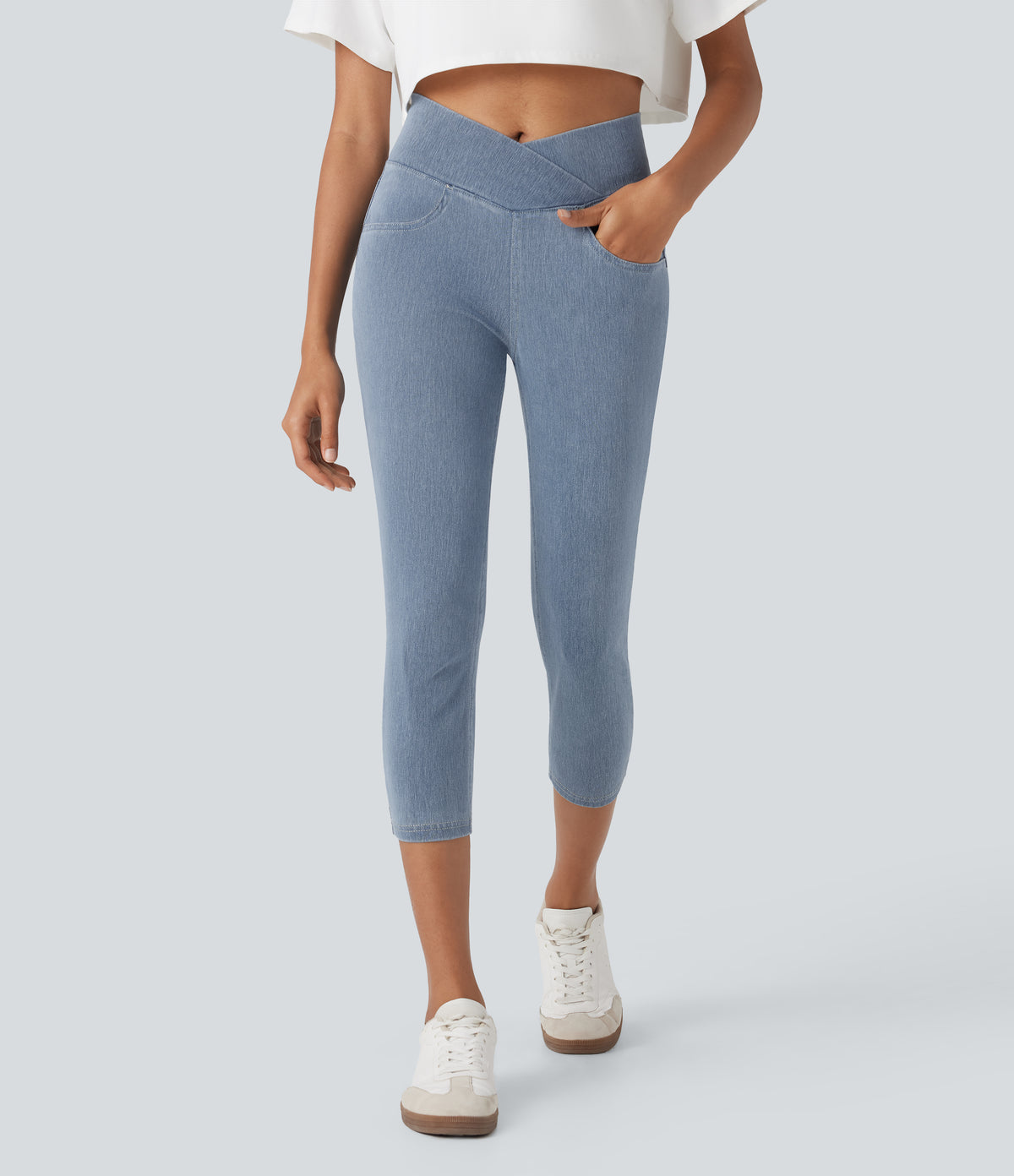 Crossover High Waisted Denim Casual Capri Leggings with Pockets — Ice Crevice Denim — view 3