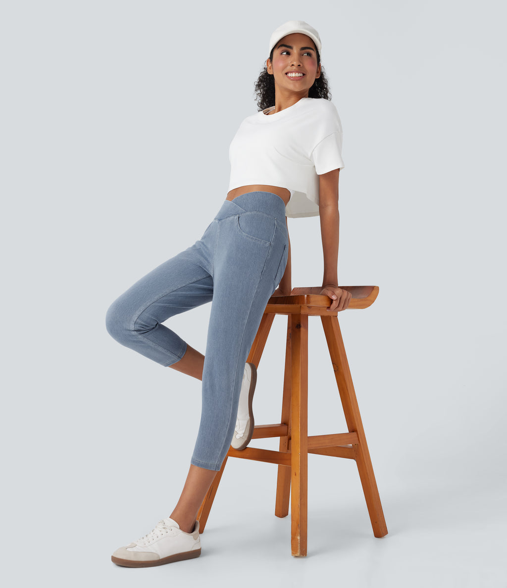 Crossover High Waisted Denim Casual Capri Leggings with Pockets — Ice Crevice Denim — view 7