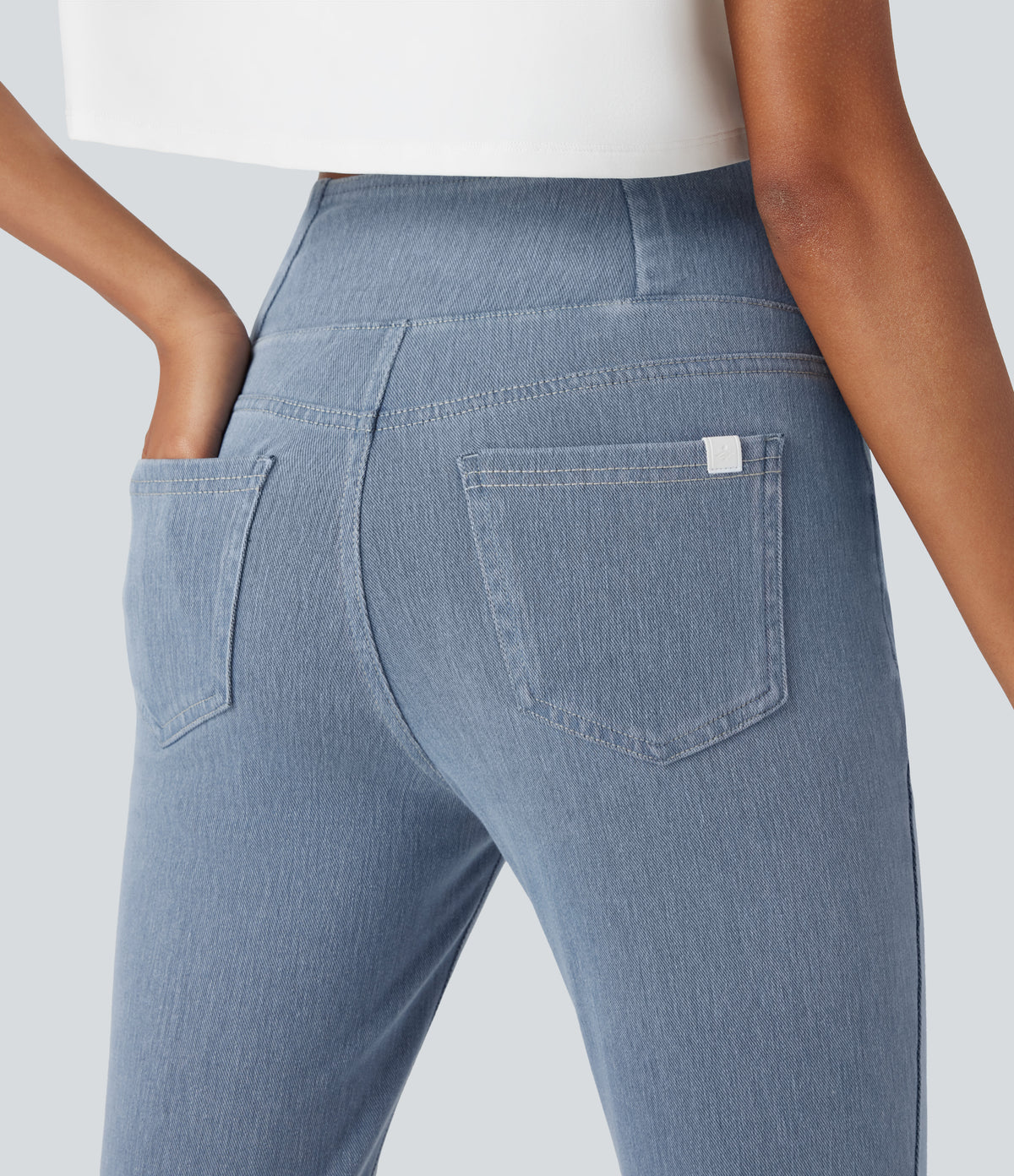 Crossover High Waisted Denim Casual Capri Leggings with Pockets — Ice Crevice Denim — view 5