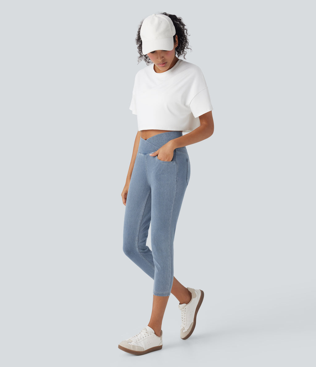 Crossover High Waisted Denim Casual Capri Leggings with Pockets — Ice Crevice Denim — view 6