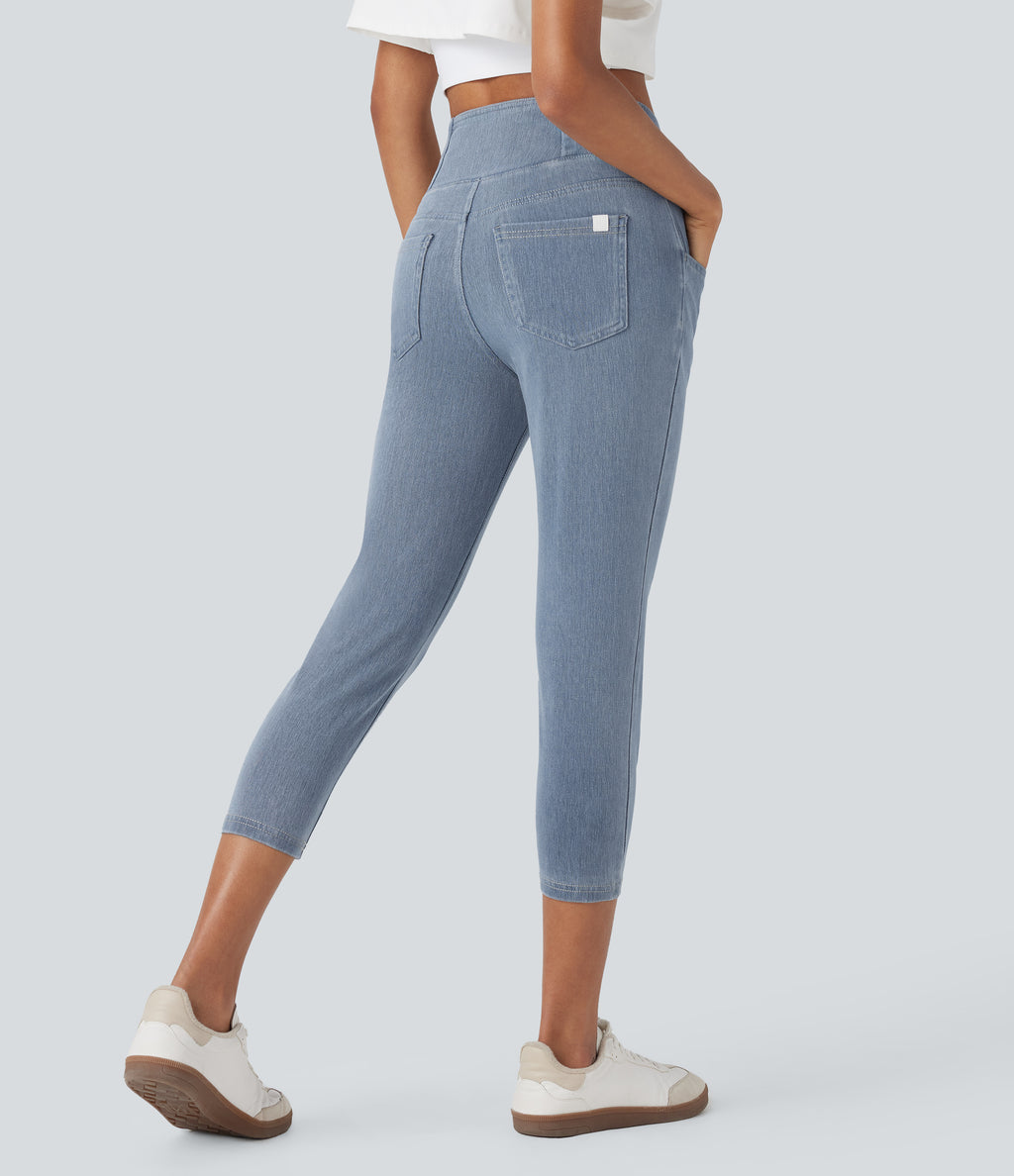 Crossover High Waisted Denim Casual Capri Leggings with Pockets — Ice Crevice Denim — view 2
