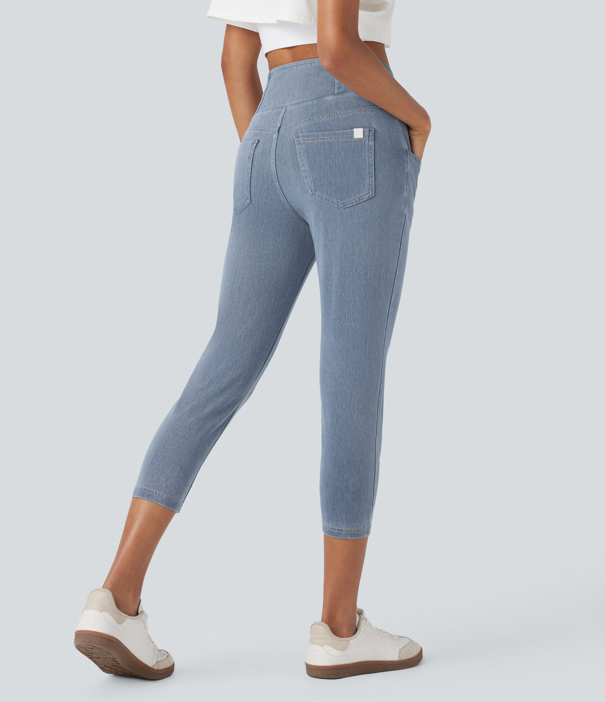 Crossover High Waisted Denim Casual Capri Leggings with Pockets — Ice Crevice Denim — view 2