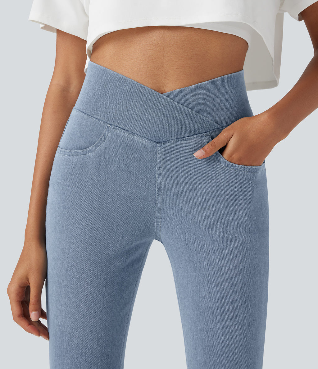 Crossover High Waisted Denim Casual Capri Leggings with Pockets — Ice Crevice Denim — view 4
