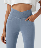Crossover High Waisted Denim Casual Capri Leggings with Pockets — Ice Crevice Denim — view 4