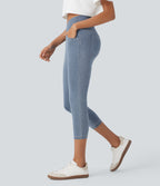 Crossover High Waisted Denim Casual Capri Leggings with Pockets — Ice Crevice Denim — view 1